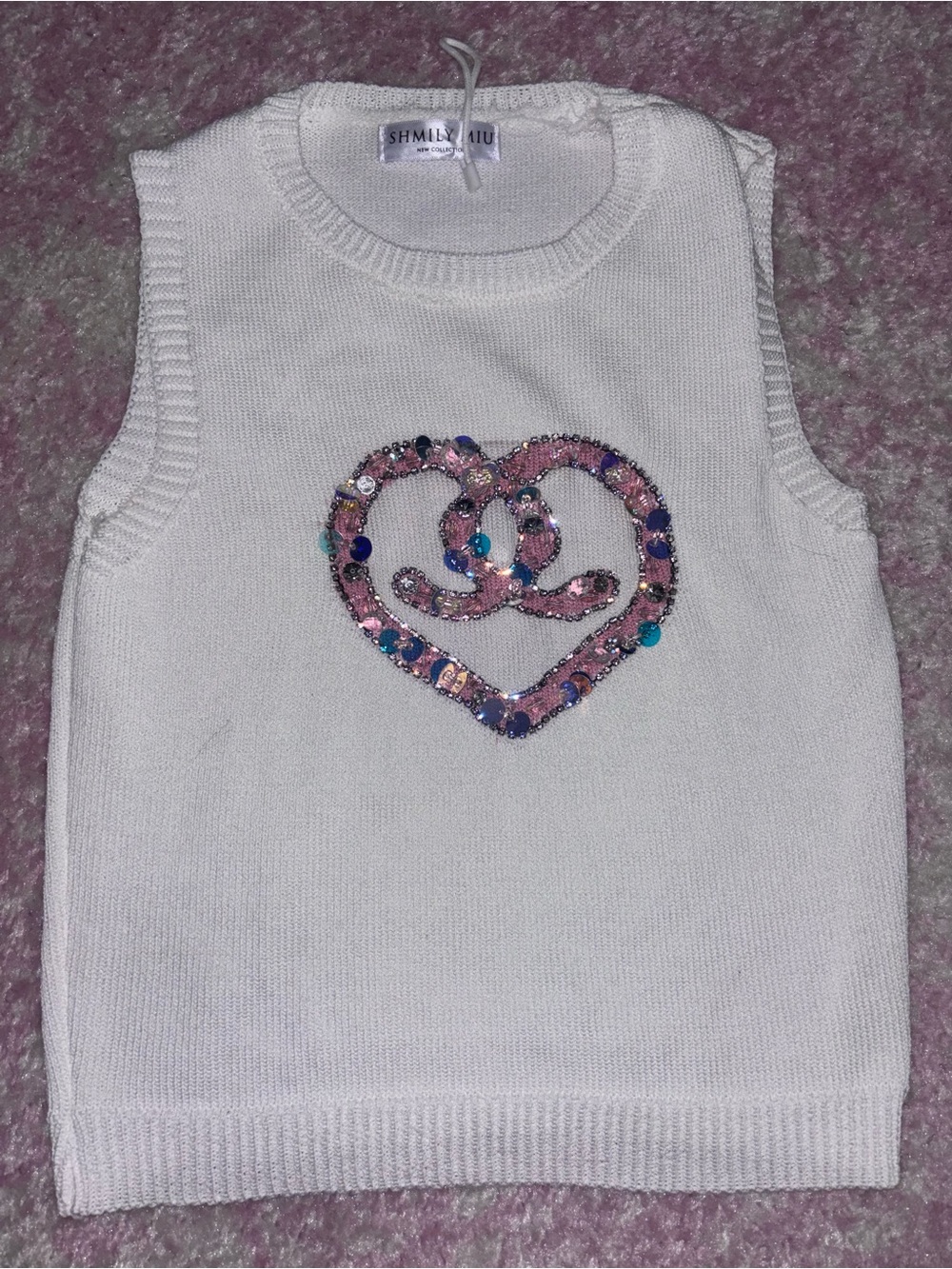 White Sleeveless Knit Crop Top with Pink Sequin Heart Embellishment